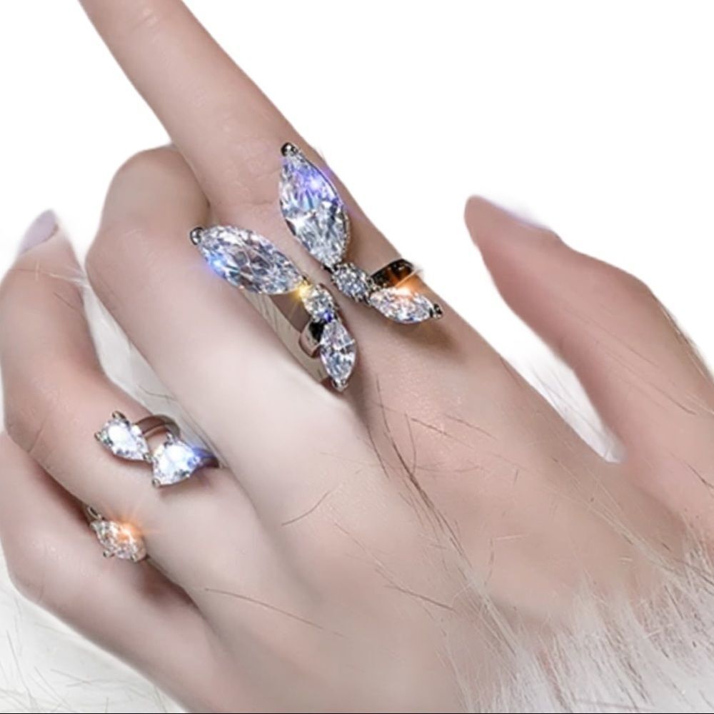 Silver Crystal Wings Open Band Wrap Ring Jewelry NEW
